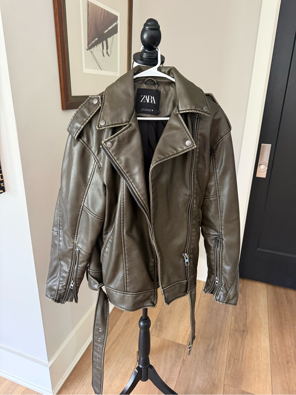 Zara Olive Green Faux Leather Moto Jacket with Belt